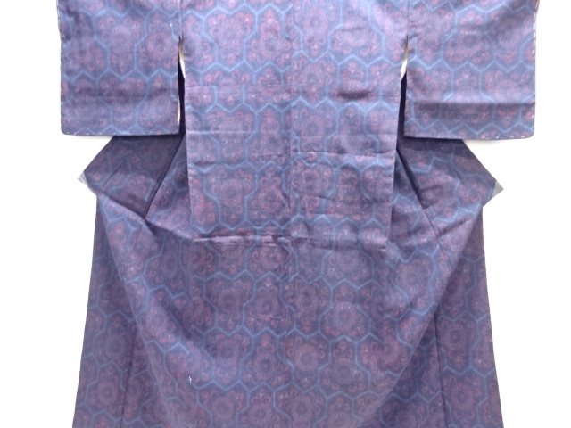 JAPANESE KIMONO / ANTIQUE KIMONO / TAISHO ROMAN STYLE / TSUMUGI / WOVEN FLORAL CREST
